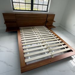 Queen bed frame, acacia wood with built in side tables m