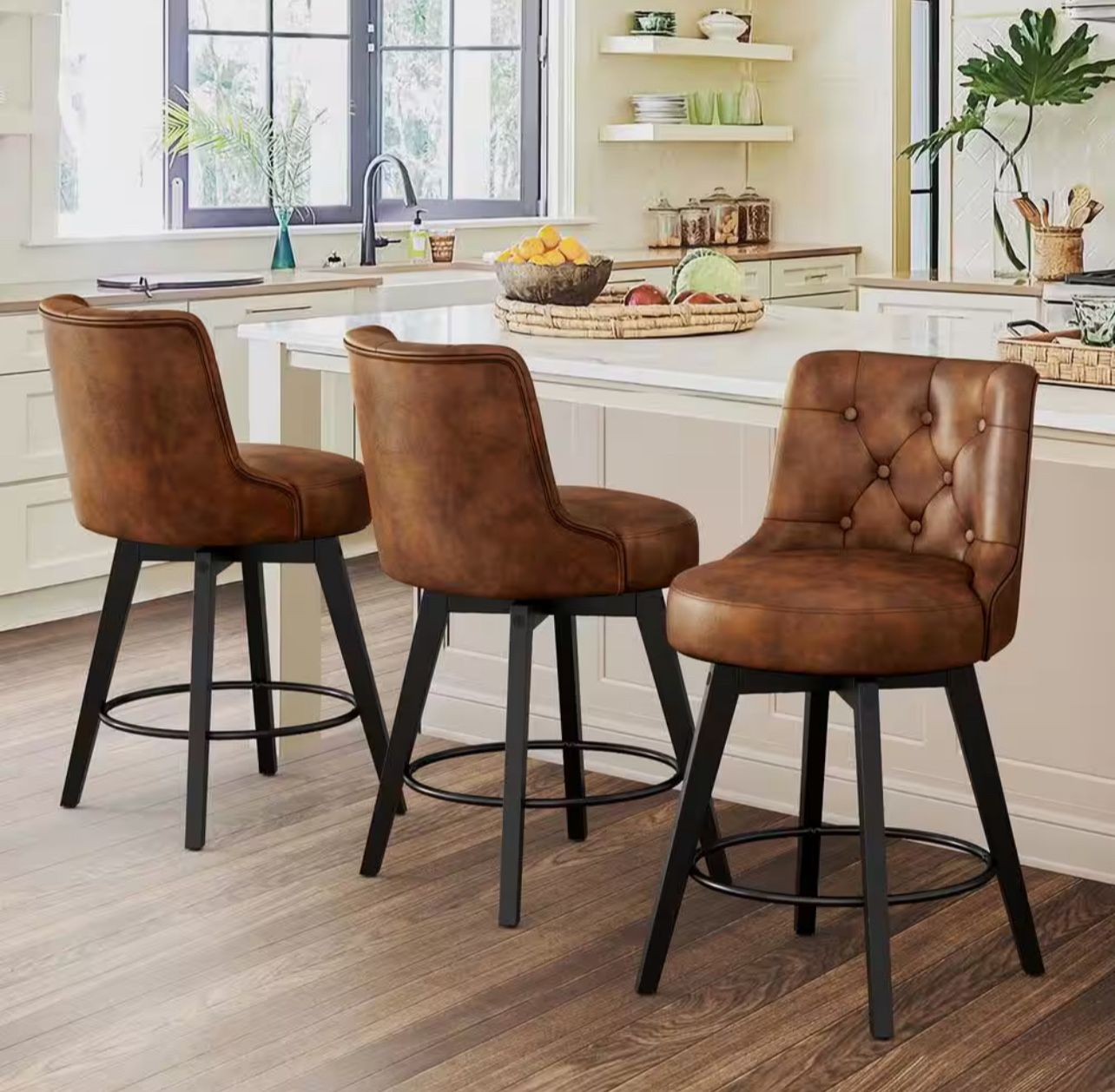 Rowland 26.5 in Seat Height Brown Faux Leather Counter Height Solid Wood Leg Swivel Bar stool(Set of 3)