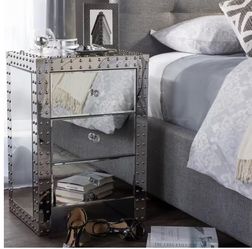 Two (2) Mirrored Nightstand Bedside Tables, Silver Studs, Three Drawers each , Vintage Vibes, Mid Century Modem