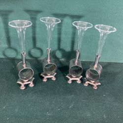 Set Of 4 Vintage Silver Plate Footed Napkin Ring With Bud Vase On Top