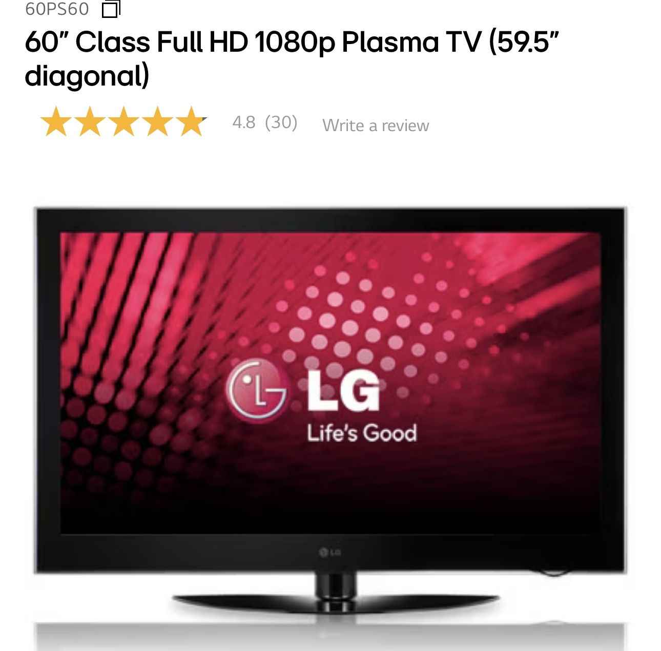 60” Class Full HD 1080p Plasma TV (59.5” diagonal)