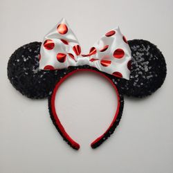Minnie Mouse Disney Parks Red Polka Dot Black Sequin Ears Headband