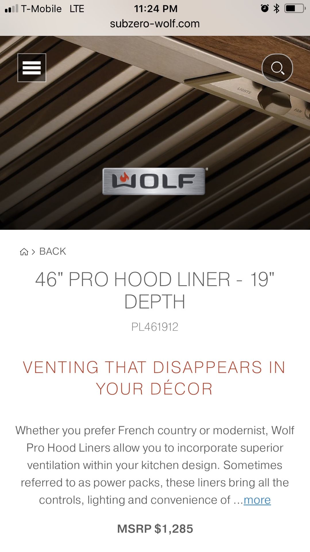 Wolf Pro Hood Liner NEW IN BOX.