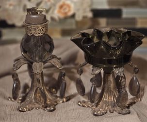 Vintage MCM Dark Green Smoke Glass Brass Pedestal Lighter & Matching Ashtray