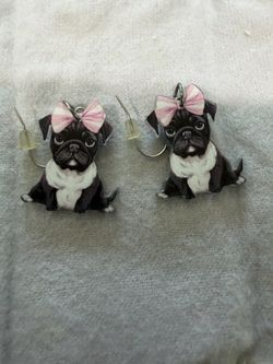 Cute Black & White Pug yEarrings with Pink Bow - Pet Lover Accessory