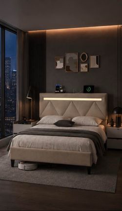 Brand New Full Size Bed Frame w/ LED Lights & Charging Station ✨