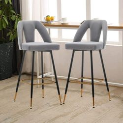 NEW TWO (2) Gray Velvet Upholstered Bar Stools