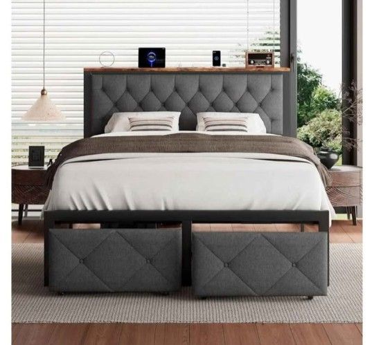 Full Bed Frame with 2 Storage Drawers, Linen Upholstered Headboard Platform Bed with Charging Station, No Box Spring Needed, Metal Slats Support, Nois