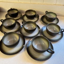 Heath California Pottery Sea and Sand Coffee/Tea Cup and Saucer Set of 8