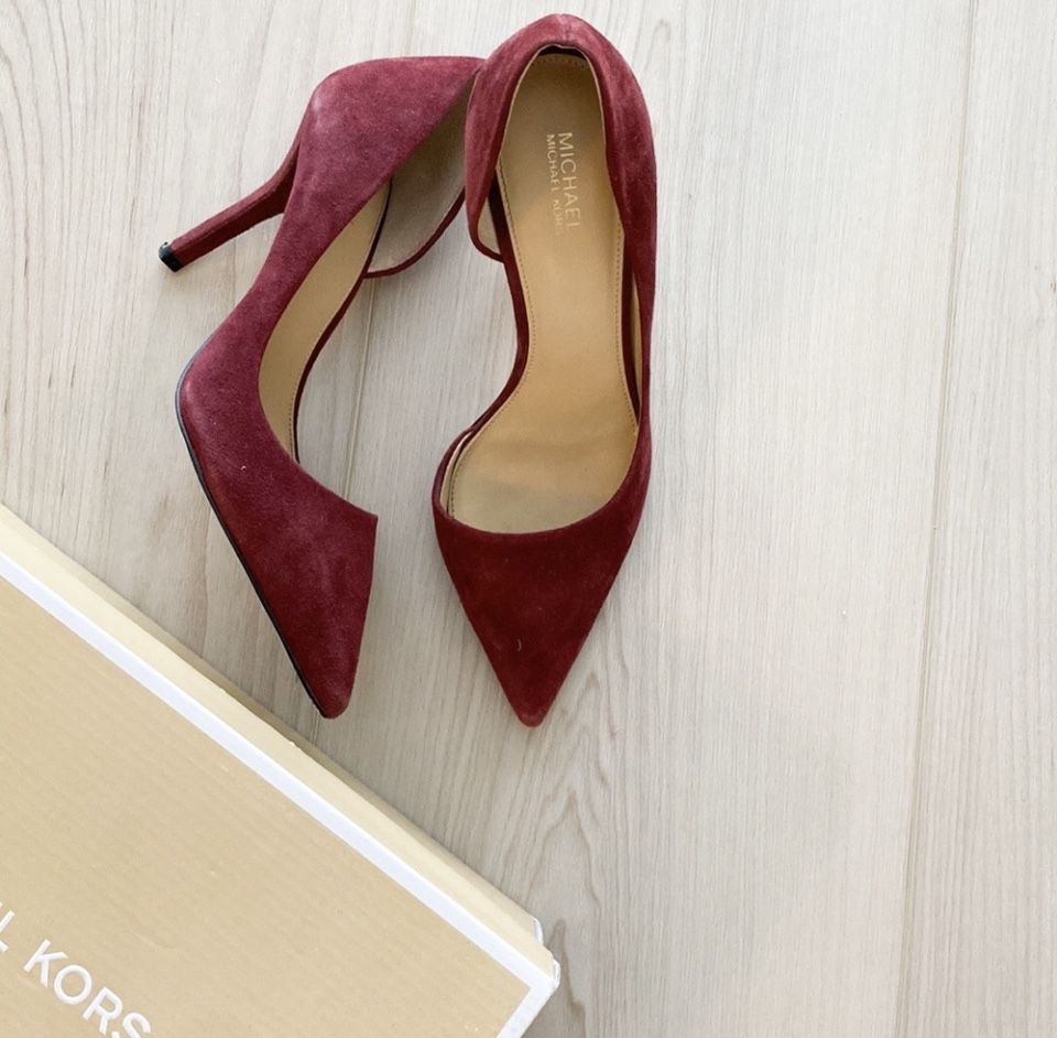 Michael Kors red suede heels pumps shoes pointed toe workwear business casual