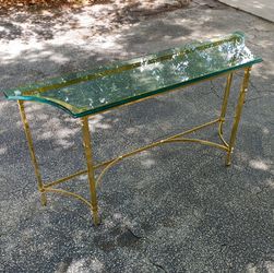 Vintage Tommaso Barbi Italian Solid Brass & Beveled Glass Console Table Side Hall Credenza Sofa Couch Entry Foyer Designer Italy Hollywood Regency MCM