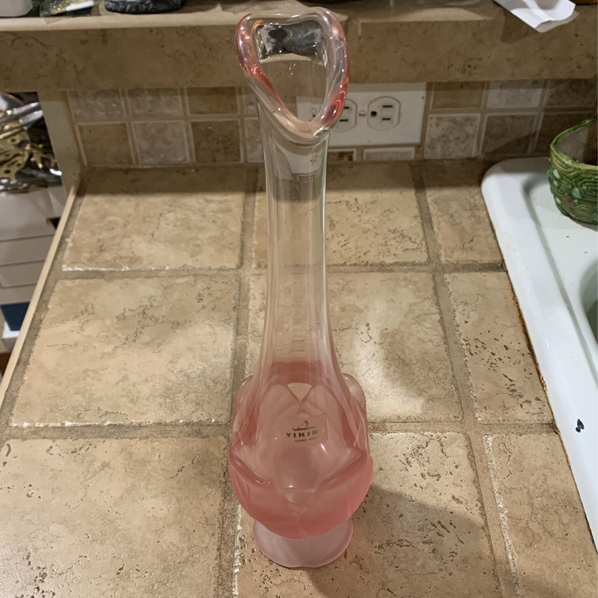MCM Viking CABBAGE LEAF Pink 12” Hand Blown Glass Swung Satin Footed Bud Vase
