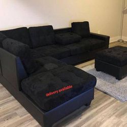 New/ Black Sectional With Storage Ottoman/
