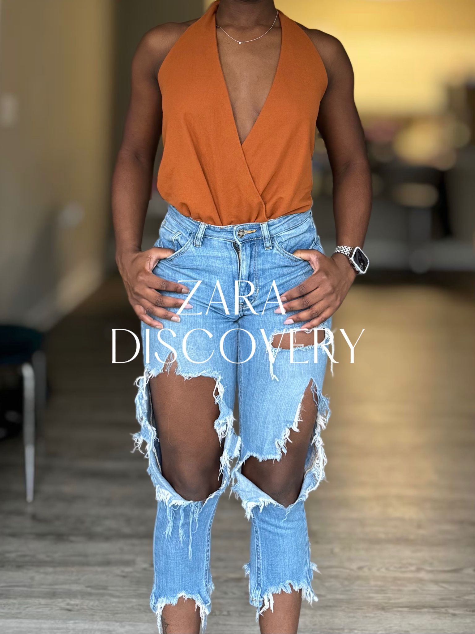 ZARA Burnt Orange Bodysuit | DISCOVERY Denim Jeans
