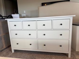 IKEA Hemnes White 8-Drawer Dresser with Black Knobs and two matching nightstands