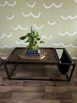 Walnut Sofa Table, Industrial Coffee Table with Metal and Canvas Hanger Magazine Rack, Steel Rectangle Frame