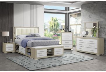 Sleek Style, Two-tone bedroom set w/built-in LED light and USB, Speakers, Storage Drawers/Shelves 