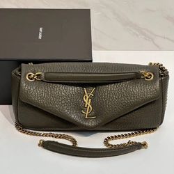 Yves Saint Laurent Niki Medium in Dark Olive Grained Leather with Gold Chain Strap & YSL Logo Flap