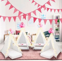 Brand New 8 Pack Sleepover Tent for Girls Party, Teepee Tent for Kids Slumber Party Bulk with Light String,Air Mattress,Fitted Sheet,Washable Natural