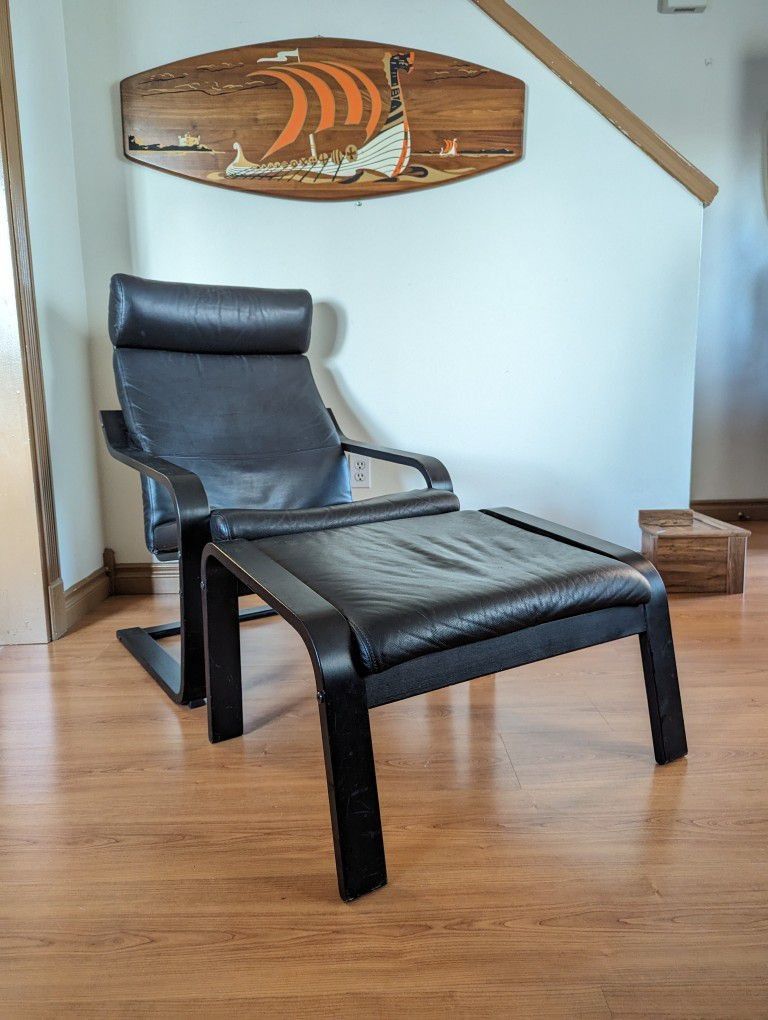 POANG Leather chair and ottoman