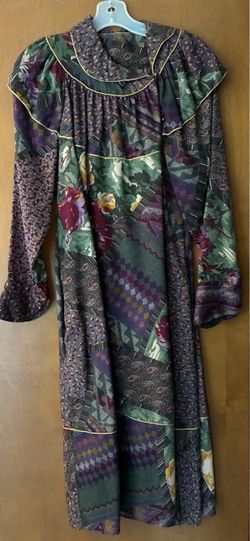 Dress, multi pattern, roll over collar, flared sleeves.