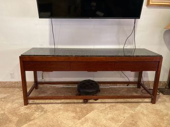 LONG BEAUTIFUL WOODEN TABLE WITH A MARBLE TOP - 7  FOOT LONG  WITH THREE  DRAWERS