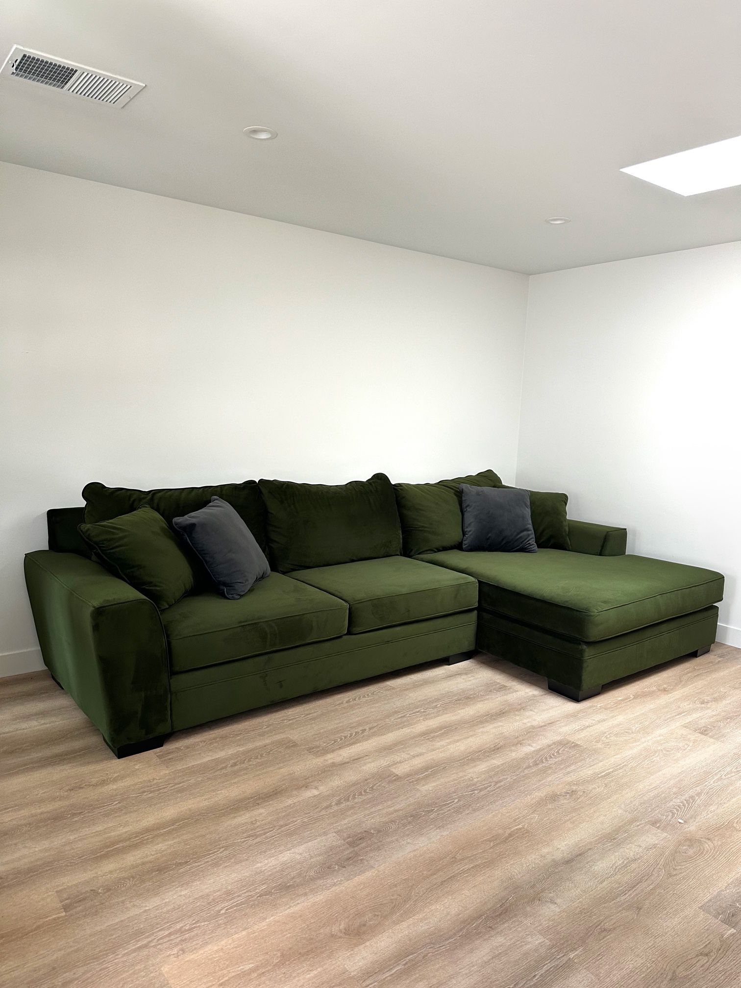 Living Spaces Custom Delano Sofa + Oversized Chaise (Olive Color)