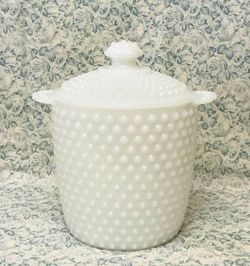Vintage Anchor Hocking milk glass hobnail cookie jar white ice bucket with lid
