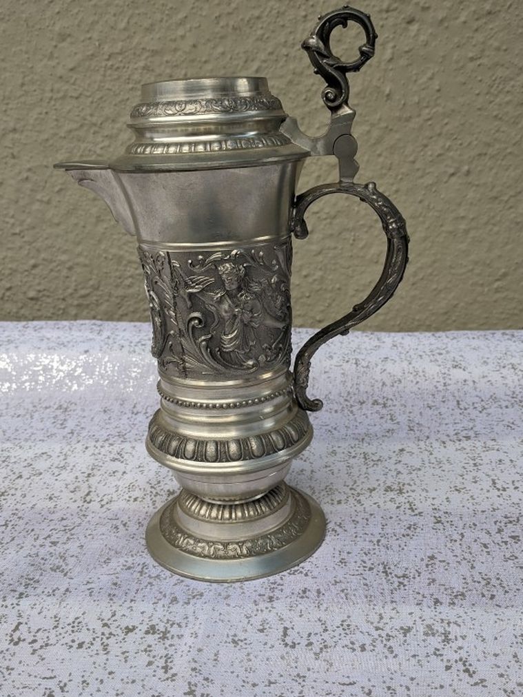 10" Antique Multiple Figurines Designed Stein Pewter Tankard Germany Early 1900