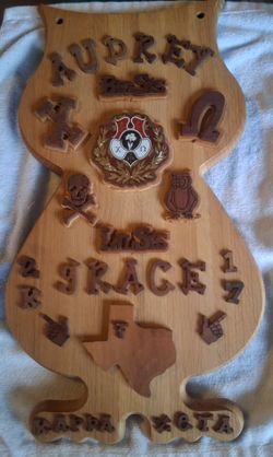 College University Fraternity Wood Plaque Paddle Chi Omega Greek Texas Crossbones Pointing Hands Owl Mascot Audrey Grace