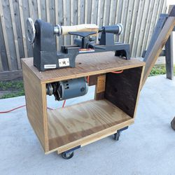 Carbatec Mini Lathe HM-1A  Belt Driven by 1/8 hp GE motor on custom Wooden Rolling Stand Cart GREAT CONDITION 
