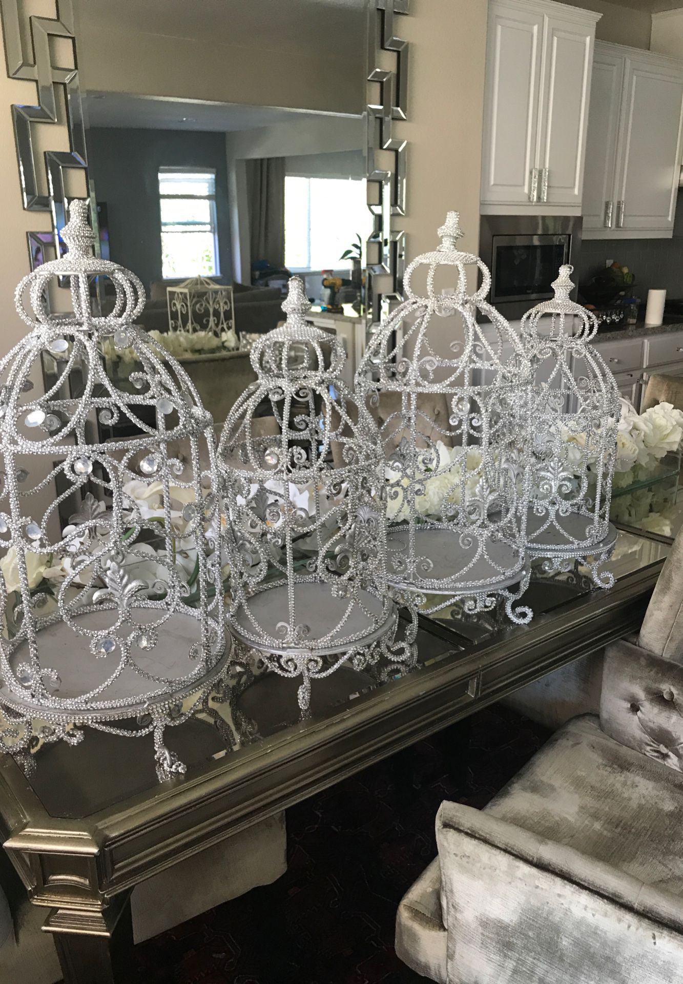 Silver rhinestone bird cage style candle holders