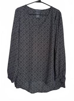 Chelsea & Theodore Women's Blouse Tunic Large Black White Geometric High Low