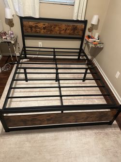 Metal bed frame with wood headboard
