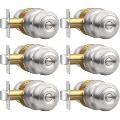 Privacy Door Knob, Brushed Nickel Door Knobs Interior Keyless Locks Set(6 Pack), Bedroom Bathroom Door Knob with Lock, Reversible for Left/Right Door 