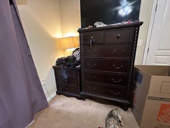 Dark Wood Tall Dresser and Nightstand Set