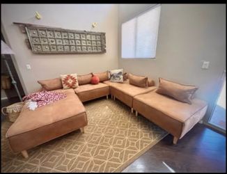 Tan Modular Suede Sectional Sofa