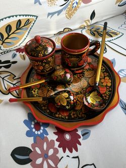 Genuine Vintage Russian Khokhloma Painted Wooden Decor Set w Spoons Tray Vessels