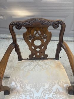 Vintage Jacobean Style Carved Wood Armchair with Damask Upholstery