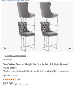 Grey Velvet Counter Height Bar Stools Set of 4