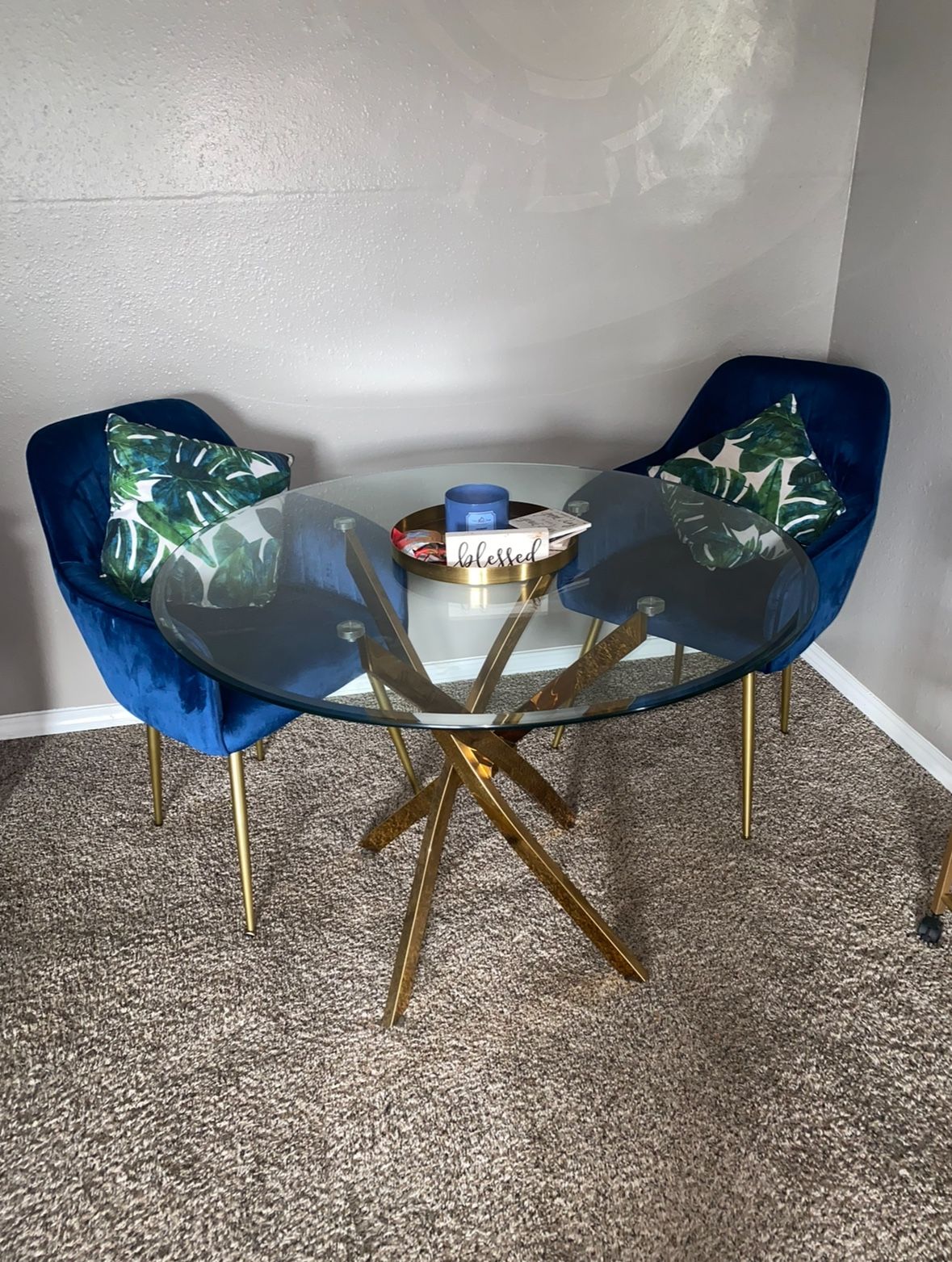 Modern Gold Glass Table And Blue Chairs 