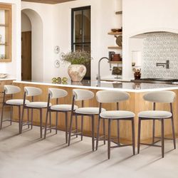 Upholstered Counter Height Bar Stools Set of 6, Kitchen Island Stools with Back, Modern Counter Stools Island Bar Chairs with Wood Legs for Kitchen Is