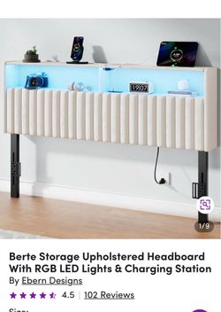 Twin Upholstered Headboard w/ LED Lights, Storage & Charging Station