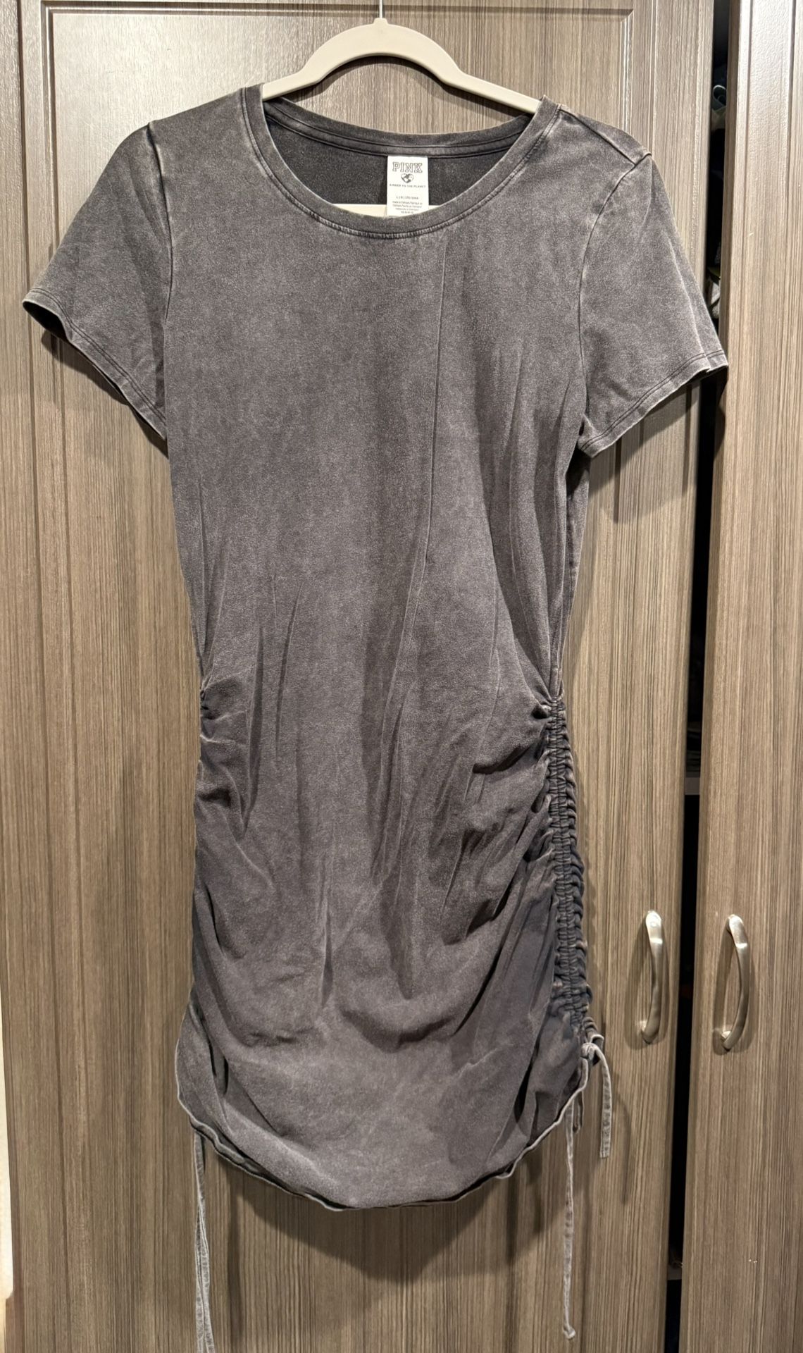 PINK Faux Acid Wash Black Runched Short Sleeve Mini Dress (L)