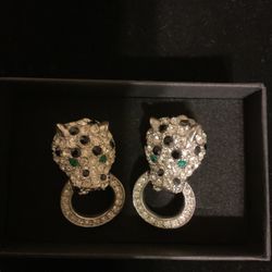 Vintage Silver Tiger Head Clip on Earrings With Onyx,clear,and Emerald Rhinestones,(by K.J.I )