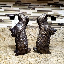 VINTAGE PAIR OF SCOTTY DOG HAT CANDLE STICKS  SOLID BRAS  9" TALL 