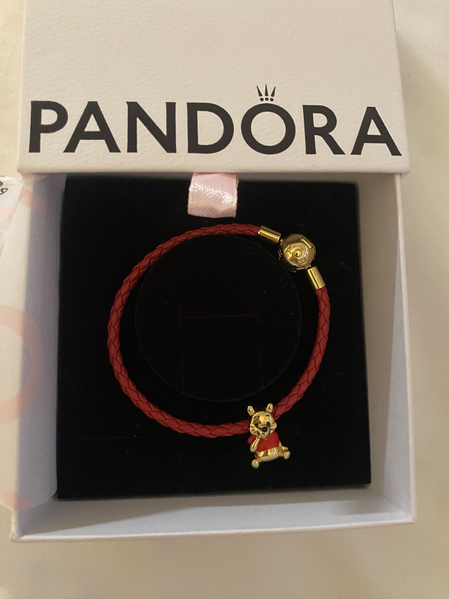 Authentic Pandora Gold Played Red Woven Leather Rope Bracelet and Pooh Charm