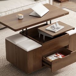 Lift-Top Foldable Coffee Table, 4 Stools & Storage