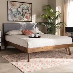 New Queen Size Mid Century Modern Walnut and Gray Upholstered Bed