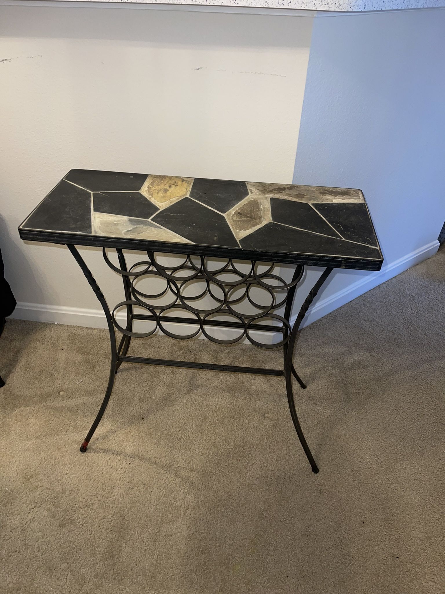 Iron Wine rack accent table stone slate mosaic top Beautiful Wine Storage